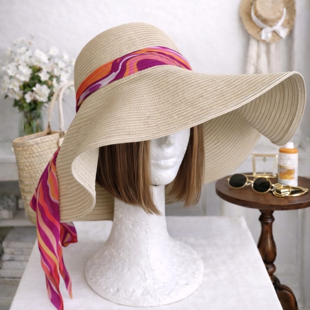 ✨️50% OFF SWIM✨️Wide Brim Straw Sun Hat w/ Colorful Scarf Tie | One Size